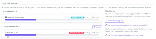 Image showing the progress bars on the 'manage feedback' page